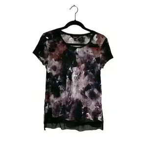 Simply Vera Vera Wang Womens SM Short Sleeve Purple Black Sheer Hem Tunic Top